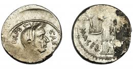 PERIODO JULIO CÉSAR- AUGUSTO. JULIO CÉSAR. Denario. Roma (44 a.C.). A/ Cabeza velada a der.; CAES(AR DICT. P)ERPETVO. R/ Venus a izq. con Victoria y cetro, a sus pies escudo; MACER. (P. SEPVLLIVS). CRAW-480.13. FFC-31. Descentrada. Vanos, erosiones y contramarca en anv. MBC+. Rara.
