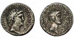 PERIODO JULIO CÉSAR- AUGUSTO. MARCO ANTONIO Y AUGUSTO. Denario. Ceca móvil (39 a.C.). A/ Cabeza de Marco Antonio a der.; M. ANTON. IMP. III VIR. R. P. C. R/ Cabeza de Octavio a der.; CAESAR. IMP. III VIR. R. P. C. CRAW-528.2b. FFC-3. MBC-.