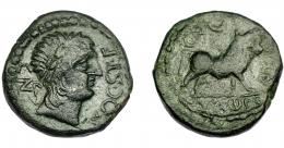 HISPANIA ANTIGUA. CASTULO. Semis. A/ Cabeza masculina laureada y con ínfulas a der., delante, ley. externa VOC. ST. F., detrás CN. R/ Toro parado a der., encima CN y creciente, delante ley. interna (FVL.) CN(F); en exergo ley. ibérica KaSTiLO.  AE 10,73 g. 22,64 mm.  I-728. ACIP-2119. Pátina verde. MBC+/MBC-.