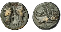 IMPERIO ROMANO. PERIODO DE JULIO CÉSAR A AUGUSTO. AUGUSTO. As. Colonia Nemausus (10 a.C.-14 d.C.). A/ Bustos opuestos de Augusto y Agripa; IMP /DIVI F. R/ Cocodrilo encadenado a palmera; en el campo COL-NEM. RIC-158. MBC-. Ex Áureo, 26-4-1994, lote 2283.