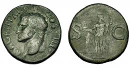 IMPERIO ROMANO. PERIODO DE JULIO CÉSAR A AUGUSTO. AGRIPA. As. Roma (37-41 d.C.). A/ Cabeza a izq. con la corona real. R/ Neptuno  a izq. con pequeño delfín y tridente, a los lados, S-C. AE 11,41 g. 28,46 mm. RIC-58. MBC-/BC+.