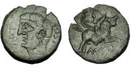 HISPANIA ANTIGUA. INCIERTAS DE CASTULO. As. A/ Cabeza masculina a izq. R/ Rapto de Europa a der., debajo M. C. (F). AE 11,99 g. 28,63 mm. I-747. ACIP-2174. Pátina oscura. Cospel abierto. MBC.
