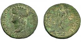 IMPERIO ROMANO. NERÓN. As. Lugdunum (66). A/ Cabeza laureada a izq., globo en el extremo inferior. R/ Genio  a izq. con pátera y cornucopia, debajo altar; GENIO AVGVSTI, S-C. Ae 10,39 g. 27,96 mm. RIC-534. MBC-.