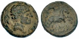 HISPANIA ANTIGUA. KELSE. Semis. A/ Cabeza masculina con cuello vestido a der., alrededor tres delfines. R/ Caballo saltando a der., encima creciente, debajo bajo línea ley. ibérica KeLSE. AE 6,39 g. 20,89 mm. I-787. ACIP-1484. Pátina verde terrosa. MBC-. Escasa.