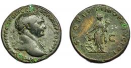IMPERIO ROMANO. TRAJANO. Sestercio. R/ Abundantia a izq., con modius, cornucopia y timón; S P Q R OPTIMO PRINCIPI SC. AE 25,84 g. 33,18 mm. RIC-493. MBC-.