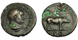 IMPERIO ROMANO. TRAJANO. Cuadrante. A/ Busto de Hércules con leonté a der.; IMP CAES TRAIAN AVG GERM. R/Jabalí a drecha, en exergo SC. AE 2,73 g. 15,74 mm. RIC-702. MBC-. Rara.