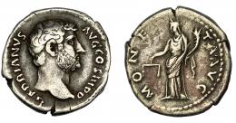IMPERIO ROMANO. ADRIANO. Denario. Roma (136). R/ Moneta  a izq., con balanza y cornucopia; MONETA AVG. AR 3,28 g. 18,28 mm. RIC-2224. MBC-/BC+.