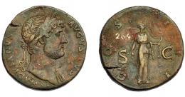 IMPERIO ROMANO. ADRIANO. Sestercio. R/ Diana a der., con arco y flechas, en ley. COS III SC. AE 25,82 g. 31,92 mm. RIC-738. MBC/MBC-. Pátina marrón. Grieta. 