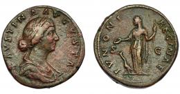 IMPERIO ROMANO. FAUSTINA LA MENOR (esposa de Marco Aurelio). Sestercio. Roma (161-175). A/ Busto drapeado a der.; FAVSTINA AVGVSTA. R/ Juno  a izq. con pátera y cetro, a sus pies, pavo; IVNONI REGINAE, S-C. AE 25,26 g. 32,47 mm. RIC-1651. MBC-. Pátina rojiza.