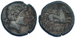 HISPANIA ANTIGUA. TAMANIU. Unidad. A/ Cabeza masculina con collar a der., delante delfín, detrás signo ibérico Ta. R/ Jinete lancero a der., debajo sobre línea: TaMANIU. I-891. ACIP-1614. AE 8,05 g. 23,82 mm. Pequeñas marcas. Pátina oscura. MBC-/BC+.