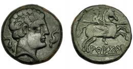 HISPANIA ANTIGUA. AREKORATA. Unidad. A/ Cabeza masculina a der. entre dos delfines. R/ Jinete lancero a der., debajo sobre línea, ley. ibérica AREKoRATa con signos A y Ta nexados. AE 8,37g. 22,44 mm. I-117. ACIP-1778. MBC. Pátina verde oscuro. Escasa. 