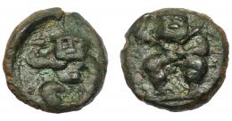 HISPANIA ANTIGUA. EBUSUS. Octavo. A/ y R/ Bes desnudo con maza y serpiente. AE 1,66 g. 12,15 mm.  I-913. ACIP-702. Pátina oscura. MBC-.  