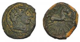 HISPANIA ANTIGUA. ARSAOS. Cuadrante. A/ Cabeza masculina a der. R/ Caballo saltando a der., encima creciente con cruz, debajo ley. ibérica ARSAOS. AE 3,2 g. 16,88 mm. I-152. ACIP-1648. Pátina osscura. MBC-/MBC. Rara. 