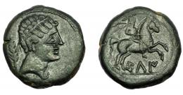 HISPANIA ANTIGUA. KILI. Unidad. A/ Cabeza masculina diademada a der. con manto y fíbula, detrás palma. R/ Jinete con palma a der., debajo ley. ibérica KiLI. AE 17,46 g. 27,59 mm. I-1388. ACIP-2058. Pátina oscura. MBC. Escasa.  