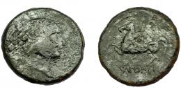 HISPANIA ANTIGUA. IKALKUSKEN. As. A/ Cabeza masculina a der. R/ Jinete lancero con rodela y casco cónico a izq., debajo, bajo línea, ley. ibérica IKaLKuNSKeN. AE 25,81 g. 33,23 mm. I-1045. ACIP-2085. Campos repasados. Barnizada. RC. Rara.  