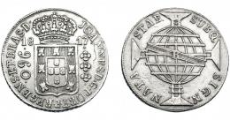MONEDAS EXTRANJERAS. BRASIL. 960 Reis. 1817 (R). Reacuñados sobre 8 reales de Carlos IV, posiblemente de México. KM-307.3. MBC.