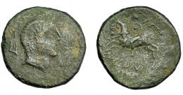 HISPANIA ANTIGUA. IKALKUSKEN. As. A/ Cabeza masculina a der.; detrás timón, delante caduceo. R/ Jinete con rodela y lanza a izq.; debajo IKaLKuNSKeN. AE 12,91 g. 30,33 mm. I-1417. ACIP-2092. Pátina oscura. BC+. Rara.  