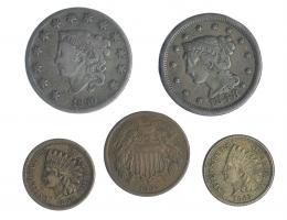 MONEDAS EXTRANJERAS. ESTADOS UNIDOS. Lote de 5 monedas de 1 centavo (4) de 1830,1848,1859,1863; y de 2 centavos de 1864. BC+/MBC+.