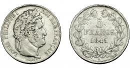 MONEDAS EXTRANJERAS. FRANCIA. 5 Francos. 1841. BB. Marcas. MBC-. 