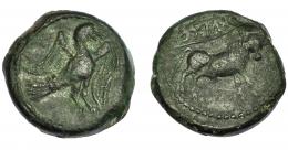 HISPANIA ANTIGUA. OBULCO. As. A/ Águila a der. R/ Toro a der., encima externa y con línea OBVLCO. AE 9,8 g. 21,43mm. I-1848. ACIP-2240. Pátina verde oscuro. MBC/MBC-.