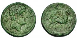 HISPANIA ANTIGUA. OROSIS. Unidad. A/ Cabeza masculina a der., alrededor tres delfines. R/ Jinete lancero a der.; debajo sobre línea ley. ibérica OROSI. AE 10,4 g. 24,89 mm. I-1907. ACIP-1510. Pátina verde. MBC-. 