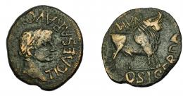 HISPANIA ANTIGUA. OSICERDA. Tiberio. As. A/ Cabeza laureada a der.; TI CAESAR AVG(VSTVS). R/ Toro a der., encima MVN, debajo OSICERDA. AE 9,41 g. 28,57 mm. I-1958. APRH-468. ACIP-3234. Anv. descentrado. MBC-. Escasa.
