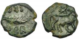 HISPANIA ANTIGUA. SEGOBRIGA. Cuadrante. A/ Toro a der., encima estrella entre dos puntos. R/ Palma, alrededor ley. SEG-OBR. AE 2,26 g. 14,77 mm. I-2183. ARPH-471. ACIP-1843 (Konterbia Karbika). Pátina oscura. BC+. Muy escasa.