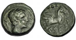 HISPANIA ANTIGUA. KESE. Cuadrante. A/ Cabeza masculina a der.; detrás caduceo. R/ Prótomo de Pegaso a der., encima tres glóbulos, debajo ley. ibérica KeSE. AE 3,6 g. 15,56 mm. I-2330. ACIP-1133. Pátina oscura. MBC-. Muy escasa.