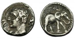 HISPANIA ANTIGUA. EMISIONES HISPANO-CARTAGINESAS. 1/4 de siclo. A/ Cabeza masculina laureada a izq., clava detrás del hombro. R/ Elefante avanzando a der. AR 1,75g. 12,79 mm. I-487. ACIP-555. MBC-/MBC. Escasa. 