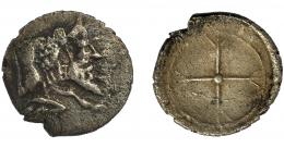 GRECIA ANTIGUA. SICILIA. Gela. Óbolo. (480-475 a.C.). A/ Toro con cabeza humana a der. R/ Rueda de cuatro radios. AR 0,44 g. 9,29 mm. COP- 259.MBC-/MBC.