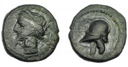 HISPANIA ANTIGUA. ACUÑACIONES HISPANO-CARTAGINESAS. Quinto. A/ Cabeza de Tanit a izq. R/ Casco con orejeras a izq. AE 1,31g. 11,9 mm.  I-521. ACIP-582. BC+/MBC+.