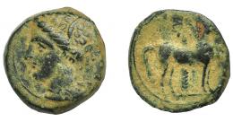 GRECIA ANTIGUA. ZEUGITANIA. Cartago. 1/2 calco (S. IV - III a.C.). A/ Cabeza de Tanit a izq. R/ Caballo a der., detrás, palmera. AE 2,68 g. 15,6 mm. COP-109-113. SBG-6444. MBC-.