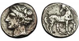GRECIA ANTIGUA. ZEUGITANIA. Cartago. 2/3 de siclo (c. 300 a.C.). A/ Cabeza de Tanit a izq. R/ Caballo avanzando a der. con la cabeza vuelta. Entre las patas letra púnica c. AR 4,79g. 19,65 mm. COP-143. MBC-.