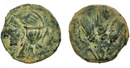 GRECIA ANTIGUA. MAURITANIA. Iol Caesarea. AE. A/ Cabeza de Isis-Tanit a izq., detrás letra púnica. R/ Tres espigas, en campo letra púnica. AE 4 g. 21,07 mm. Pátina verde terrosa. MBC-.