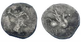 106 - HISPANIA ANTIGUA. EMPORION. Divisores anteriores a las dracmas. Hemióbolo. A/ Cabeza femenina con moño a der. R/ Pegaso volando a der. AR 0,39 g. 9,6 mm. ACIP-183. CC-79, mismo ejemplar. Oxidaciones. BC+/MBC.