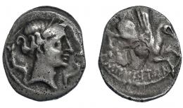 109 - HISPANIA ANTIGUA. EMPORION. Dracma. A/ Cabeza femenina con tocado vegetal a der. rodeada de tres delfines. R/ Pegaso con cabeza modificada a der.; debajo ley. griega EMPORITON. AR 4,20 g. 18,6 mm. I-1108. ACIP-224. Rev. algo descentrado. MBC/MBC-. Muy escasa. Ex HSA 12423.