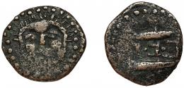 11 - HISPANIA ANTIGUA. ASIDO. Semis. A/ Cabeza frontal de Hércules. R/ Dos atunes a der., en medio ley. b'b'l. AE 2,7 g. 19,8 mm. I-155. ACIP-920. Vanos. BC+. Rarísima.