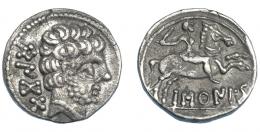 12   -  HISPANIA ANTIGUA. BASKUNES. Denario. A/ Cabeza masculina con collar a der., detrás BeNKoTa. R/ Jinete con espada a der., debajo, sobre línea, BaSKuNES. AR 3,27 g. 17,5 mm. I-215. ACIP-1630. MBC+/MBC.