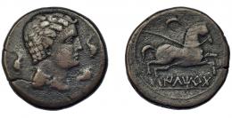128 - HISPANIA ANTIGUA. ILTIRTA. Semis. A/ Cabeza masculina con collar y manto a der.; alrededor tres delfines. R/ Caballo galopando con rienda suelta a der., encima creciente, debajo ILTiRTa sobre línea. AE 9,29 g. 24,2 mm. I-No. ACIP-1250. MBC-. Escasa. Ex colecciónCervera, ex HSA 23303.