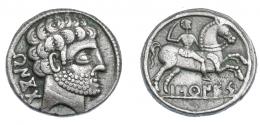 13   -  HISPANIA ANTIGUA. BASKUNES. Denario. A/ Cabeza masculina a der., detrás BeNKoTa. R/ Jinete con espada a der., debajo, sobre línea, BaSKuNES. AR 4,09 g. 17,8 mm.  I-215. ACIP-1630. MBC.