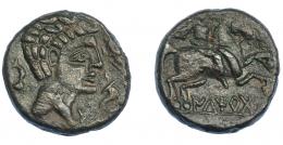 130   -  HISPANIA ANTIGUA. ILTIRTA. Unidad. A/ Cabeza masculina a der., alrededor tres delfines. R/ Jinete con palma y clámide a der., debajo sobre línea ILTiRTa. AE 10,14 g. 23,1 mm. I-1466. ACIP-1256. Pátina verde. MBC+/MBC.