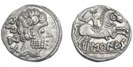 14   -  HISPANIA ANTIGUA. BASKUNES. Denario. A/ Cabeza masculina a der., detrás BeNKoTa. R/ Jinete con espada a der., debajo, sobre línea, BaSKuNES. AR 3,90 g. 16,6 mm. I-215. ACIP-1630. MBC+/MBC.