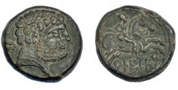 16   -  HISPANIA ANTIGUA. BELIKIOM. Unidad. A/ Cabeza masculina con collar a der., detrás signo ibérico Be. R/ Jinete lancero a der., debajo sobre línea BeLIKiOM. AE 10,08 g. 23,1 mm. I-243. ACIP-1433. Pátina verde oscuro. MBC+/MBC.