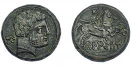 17 - HISPANIA ANTIGUA. BELIKIOM. Unidad. A/ Cabeza masculina con collar a der., detrás signo ibérico Be. R/ Jinete lancero a der., debajo sobre línea BeLIKiOM. AE 9,16 g. 23,2 mm. I-243. ACIP-1433. Pátina verde oscuro. MBC/MBC+.