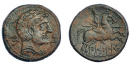 19   -  HISPANIA ANTIGUA. BILBILIS. As. A/ Cabeza masculina a der., delante delfín, detrás signo ibérico S. R/ Jinete lancero a der., debajo, sobre línea, BiLBiLIS. AE 14,44 g. 28,3 mm. I-254. ACIP-1567. Pátina verde y marrón. Leve doble acuñación en anv. MBC. Escasa.