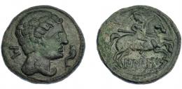 20   -  HISPANIA ANTIGUA. BILBILIS. As. A/ Cabeza masculina a der., delante delfín, detrás signo ibérico S. R/ Jinete lancero a der., debajo, sobre línea, BiLBiLIS. AE 11,29 g. 28 mm. I-254. ACIP-1567. Pátina verde. MBC-/MBC. Escasa.