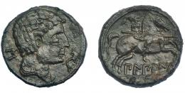 21 - HISPANIA ANTIGUA. BILBILIS. As. A/ Cabeza masculina a der., delante delfín, detrás signo ibérico S. R/ Jinete lancero a der., debajo, sobre línea, BiLBiLIS. AE 14,10 g. 26,9 mm. I-254. ACIP-1567. Pequeñas concreciones. Pátina marrón. MBC+. Escasa.