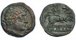 22   -  HISPANIA ANTIGUA. BILBILIS. As. A/ Cabeza masculina a der., delante delfín, detrás signo ibérico S. R/ Jinete lancero a der., debajo, sobre línea, BiLBiLIS. AE 15,11 g. 27,8 mm. I-254. ACIP-1570. Pequeña concreción en anv. MBC+. Rara.