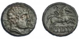 23   -  HISPANIA ANTIGUA. BILBILIS. As. A/ Cabeza masculina a der., delante delfín, detrás signo ibérico S. R/ Jinete lancero a der., debajo, sobre línea, BiLBiLIS. AE 15,04 g. 28,1 mm. I-254. ACIP-1570. Pátina oscura. MBC+. Rara.