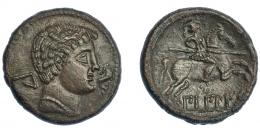 26   -  HISPANIA ANTIGUA. BILBILIS. As. A/ Cabeza masculina a der., delante delfín, detrás signo ibérico Bi. R/ Jinete lancero a der., debajo, sobre línea, BiLBiLIS. AE 14,65 g. 29,1 mm.  I-258. ACIP-1573. Pátina marrón. EBC-/MBC+. Muy escasa.